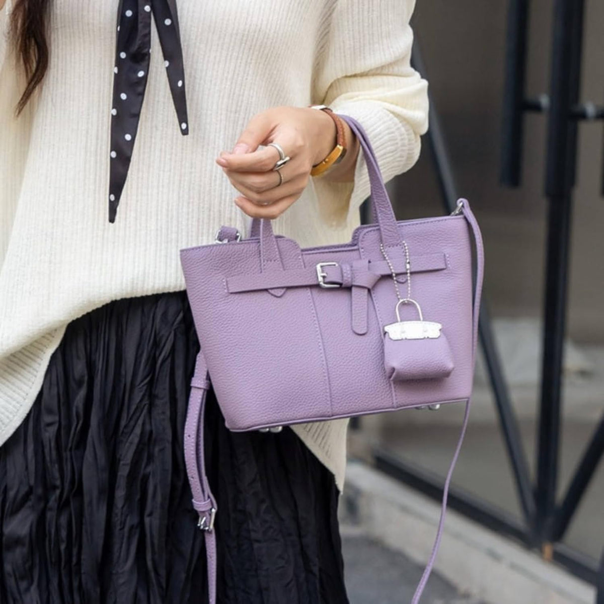 Genuine Leather Crossbody Handbag for Women Textured Pebbled Leather Top-Handle Bag with Adjustable Shoulder Strap, Zipper Closure, Center Divider Pocket & Decorative Bag Charm for Work