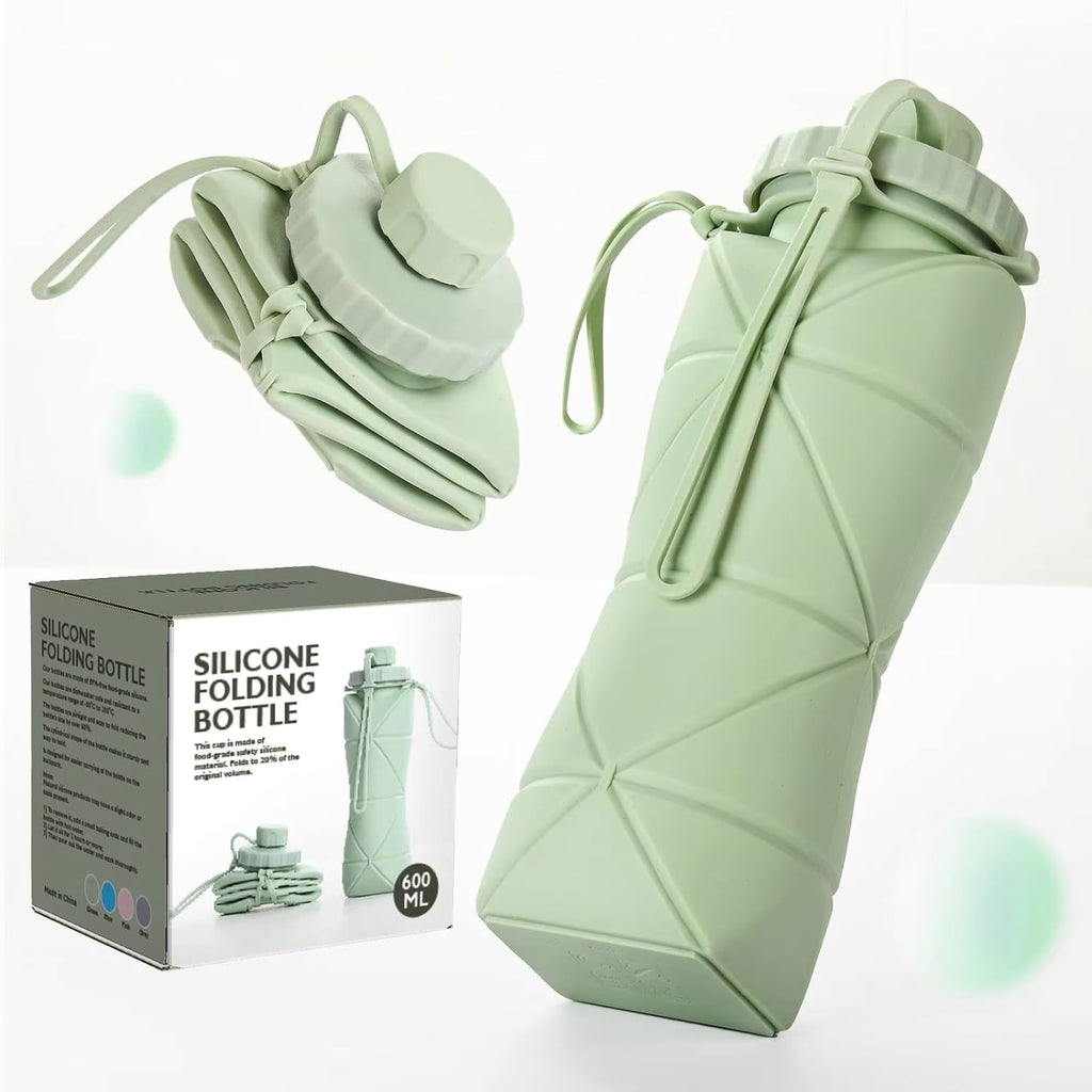 600ml Collapsible Silicone Water Bottle ‚Äì BPA-Free Foldable Travel Flask (Light Green)
