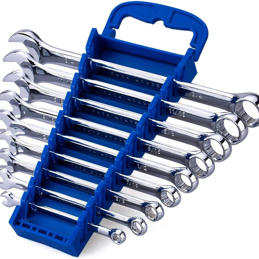 24-Piece Combination Ratchet Wrench Set SAE Standard Inch Sizes 1/4" to 3/4" - Premium Chrome Vanadium Steel Ratcheting Spanner Set with 15° Offset & Blue Portable Rack Organizer