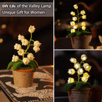 Lily of the Valley Crochet Flower Lamp - 10 Blooming Bell Lights Hand-Crocheted Potted Night Light - Battery Operated Cozy Aesthetic Room Decor & Thoughtful Handmade Gift for Women Mom Friends