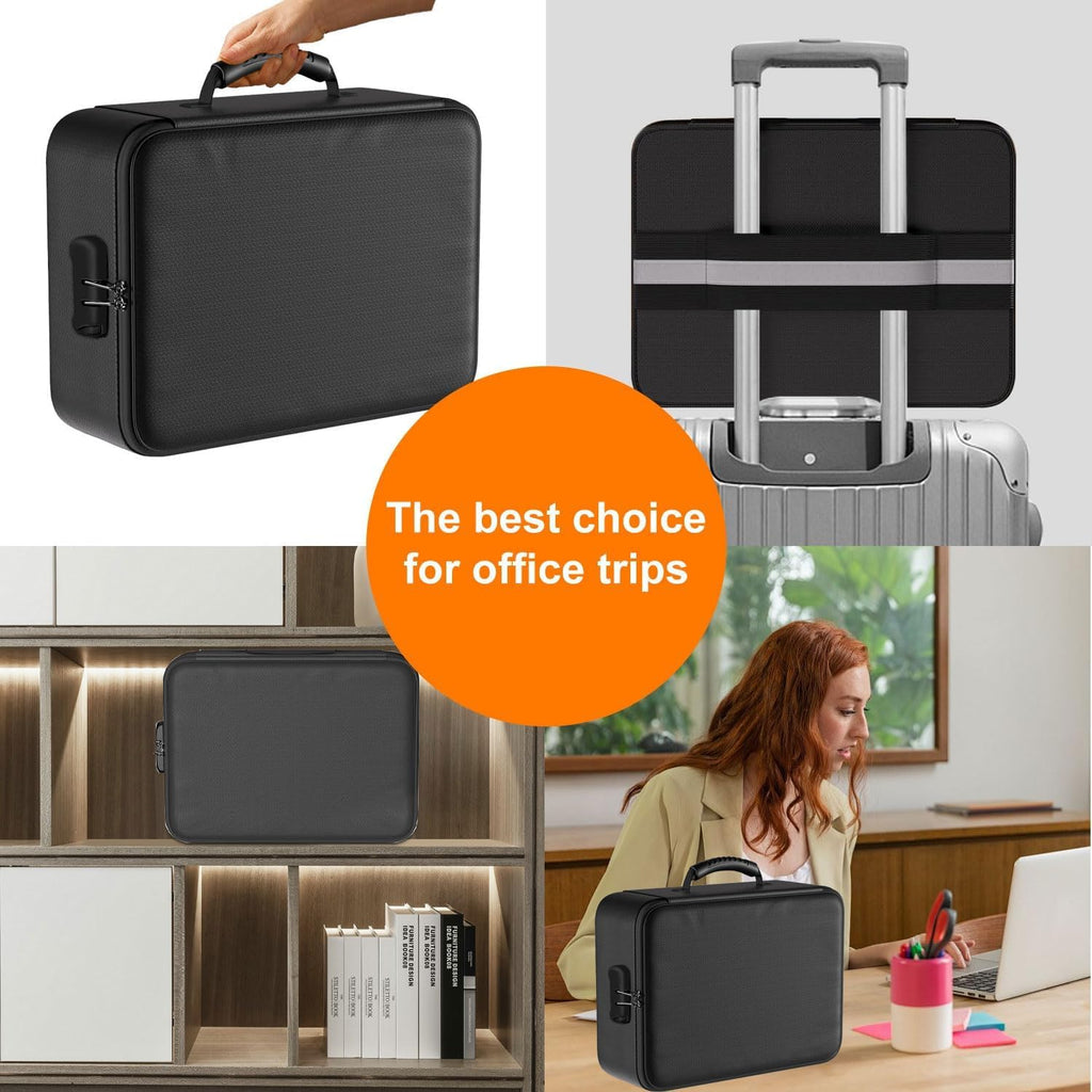 Fireproof Document Box with Lock, 8-Layer Thermal Insulated File Organizer Bag, Waterproof Leather Portable Safe Storage Box with 13 Pockets & Handle for Passports, Certificates, Laptop & Valuables