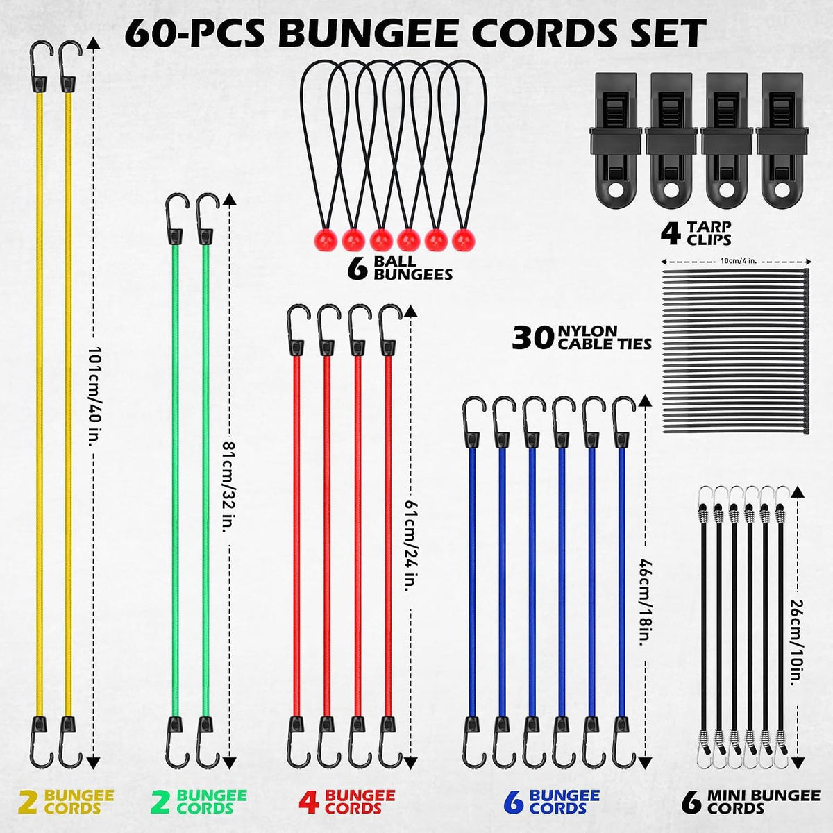 84-Piece Master Bungee Cord Set – Heavy Duty Assorted Bungee Cords with Hooks