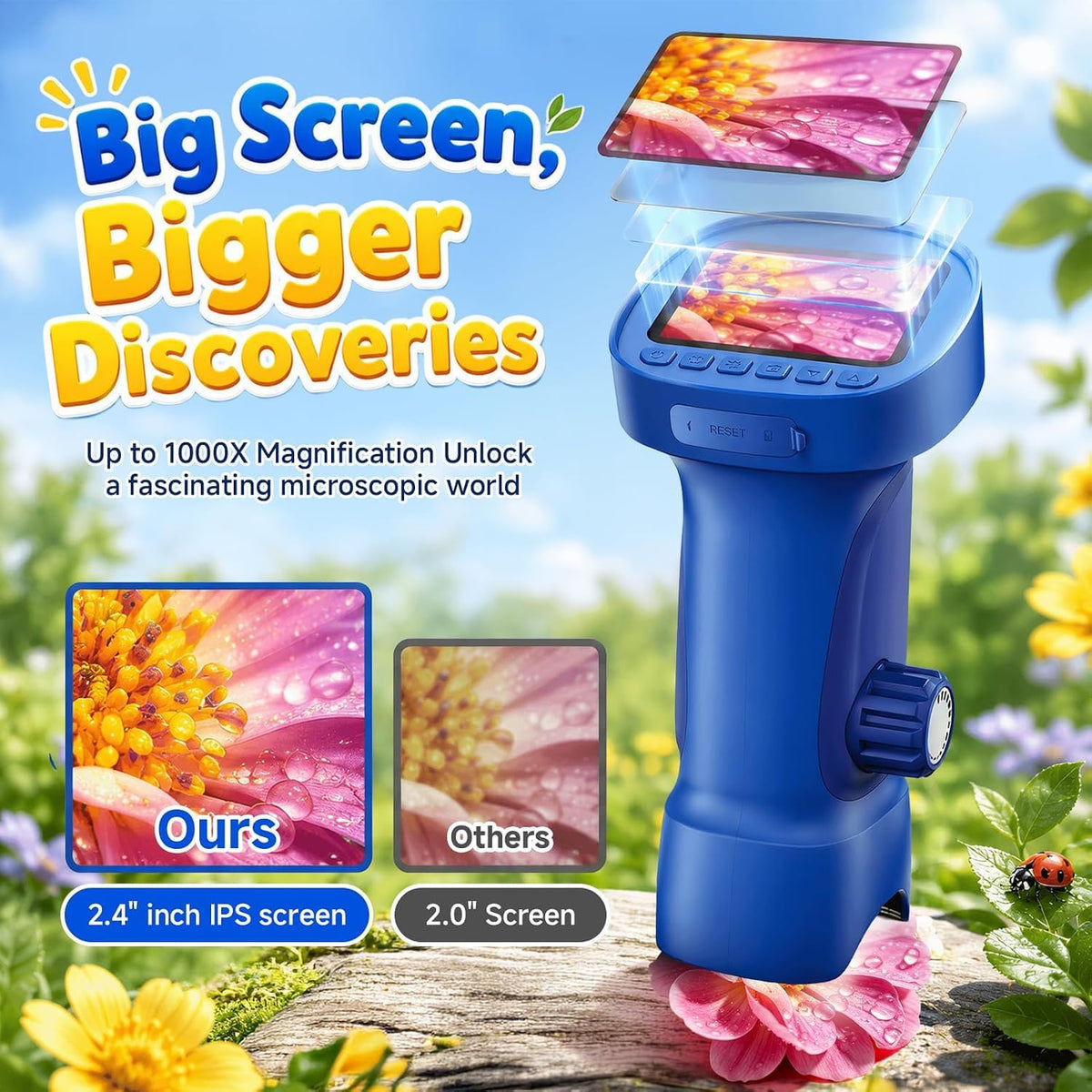 Handheld Digital Microscope for Kids - 1000X Magnification 1080P Pocket Microscope with 2.4" IPS Screen