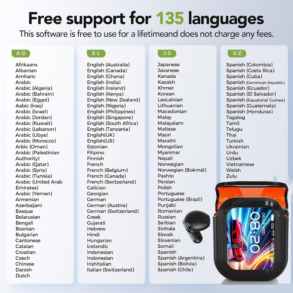 NE20 AI Translation Earbuds with Touch Screen, 135 Languages, Real-Time Translation