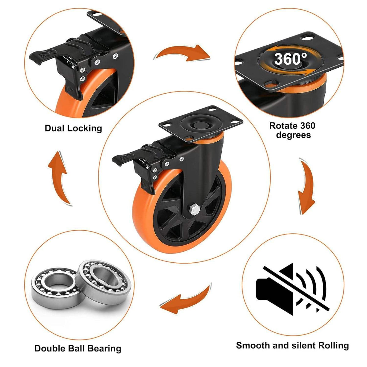 6 Inch Caster Wheels Set of 4 ‚Äì 1390 Lbs Load Capacity with Safety Dual Locking AB Brake with Mounting Bolts
