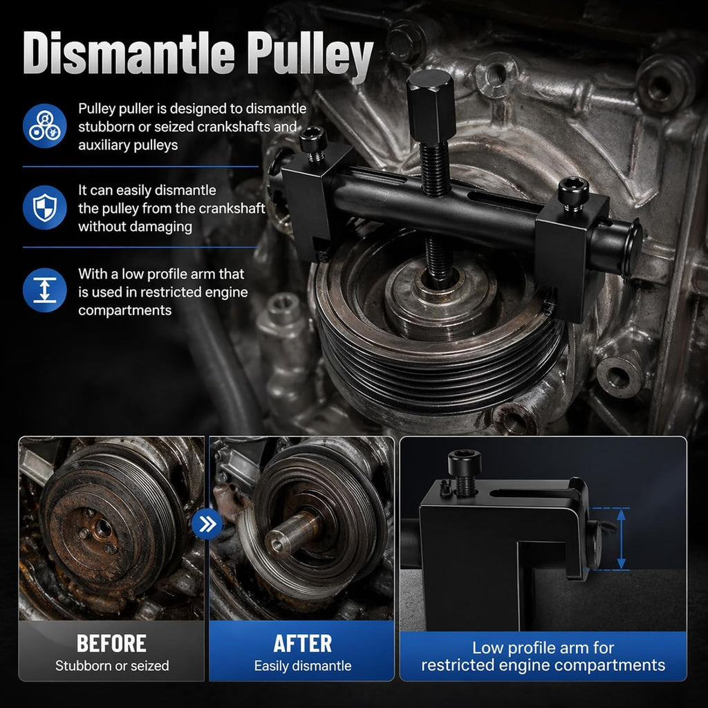 Pulley Puller Tool Kit with L-Hex Wrench - High Strength Adjustable Crankshaft Pulley Removal Tool Fits 40-160mm - Low Profile Harmonic Balancer & Water Pump Puller Set for Auto Repair