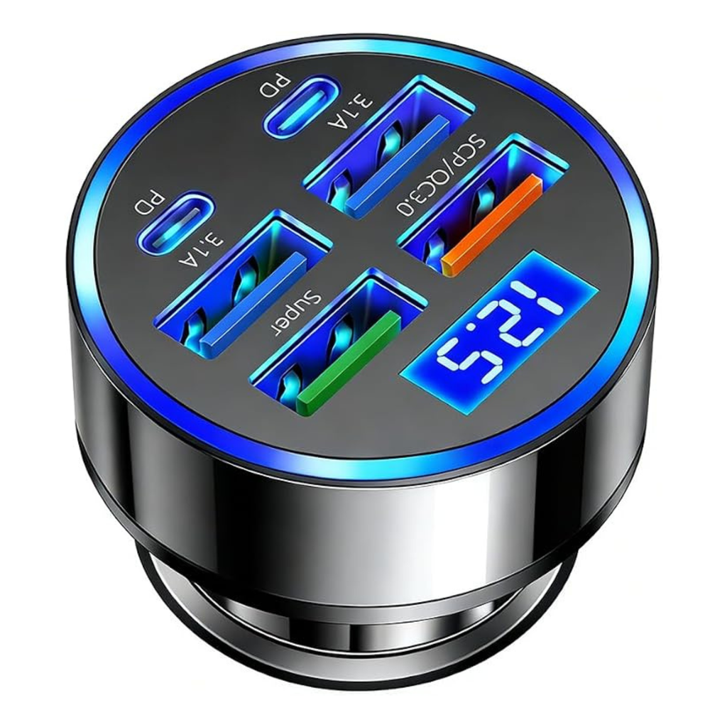 6-in-1 Multi-Port USB C Car Charger with LED Voltmeter