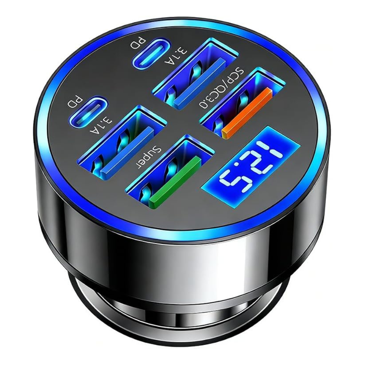6-in-1 Multi-Port USB C Car Charger with LED Voltmeter