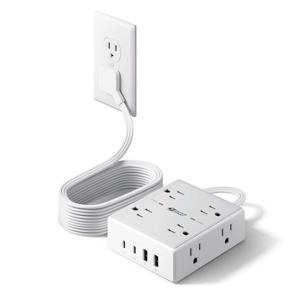 SUPERDANNY 10Ft Flat Plug Extension Cord Surge Protector Power Strip