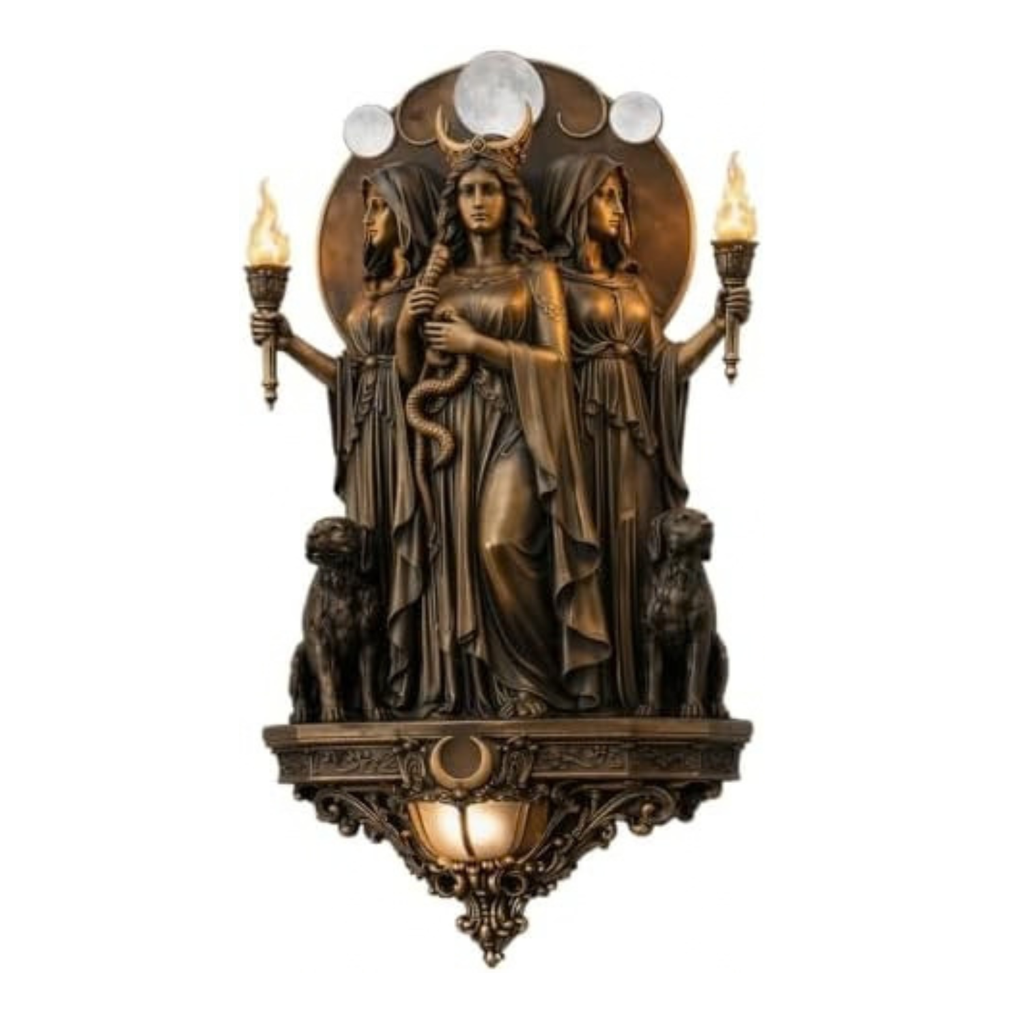 Premium Resin Hecate Statue 3-Headed Greek Goddess Wall Sculpture, Gothic Style Home Decor, Underworld Hekate with Hounds Figurine for Halloween, Fireplace Decor and Witch Altar Gift (7.87in)