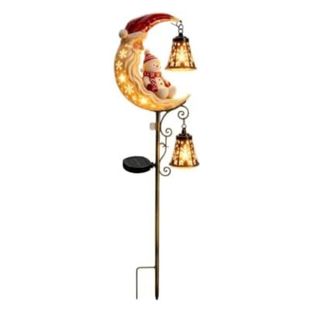 34'' Solar Christmas Lights Outdoor, Santa Snowman Garden Stake Light Waterproof Metal LED Yard Pathway Decor with Crescent Moon & Bell Lantern for Xmas Holiday Yard Patio Lawn (Snowman B)