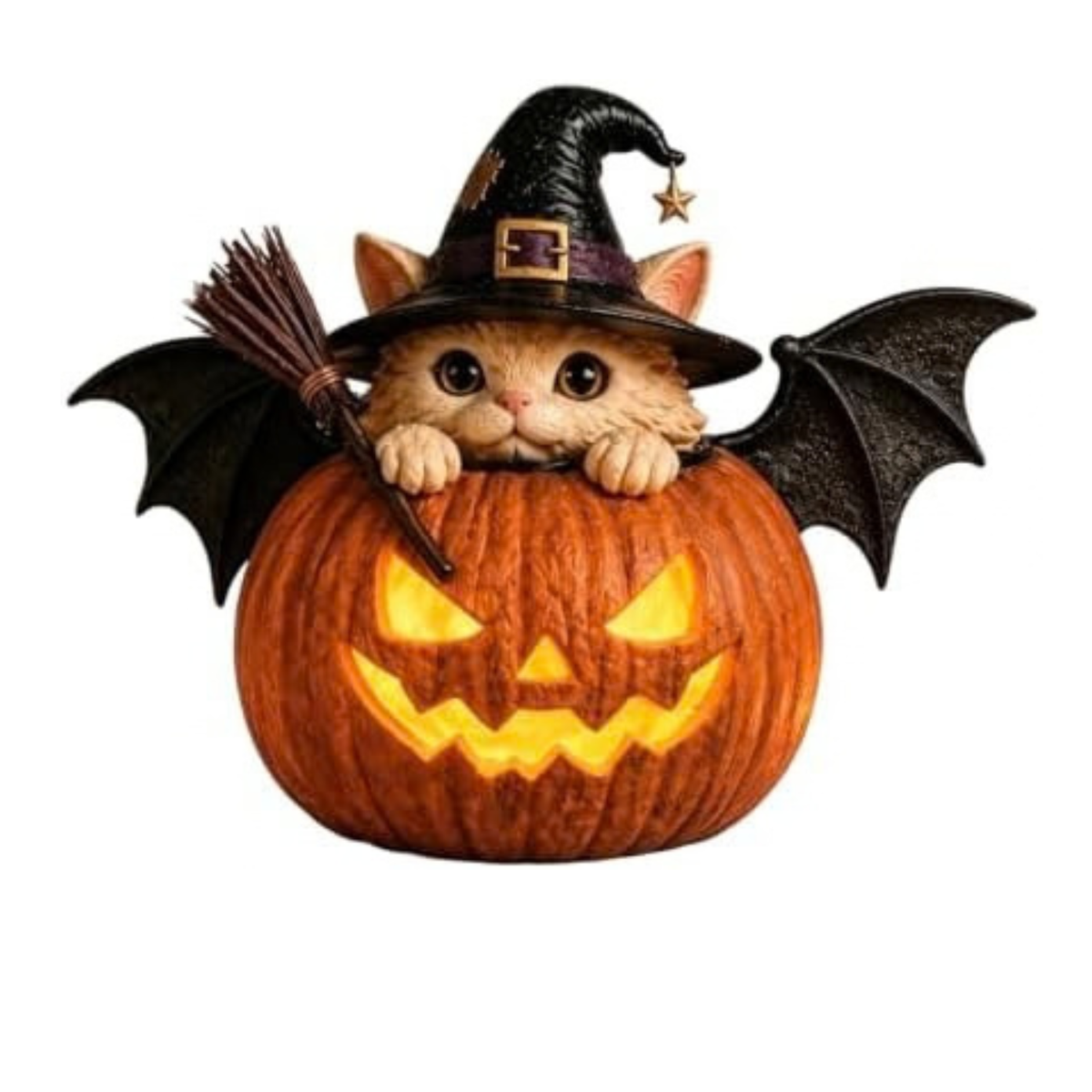 8'' Cute Bat Cat Pumpkin Lamp Figurine, Resin Halloween Ornament Witch Hat Lamp, Fall Decor for Mantel, Shelf, Desk, Tabletop, Farmhouse & Gothic Home Decor, Jack O Lantern Gift