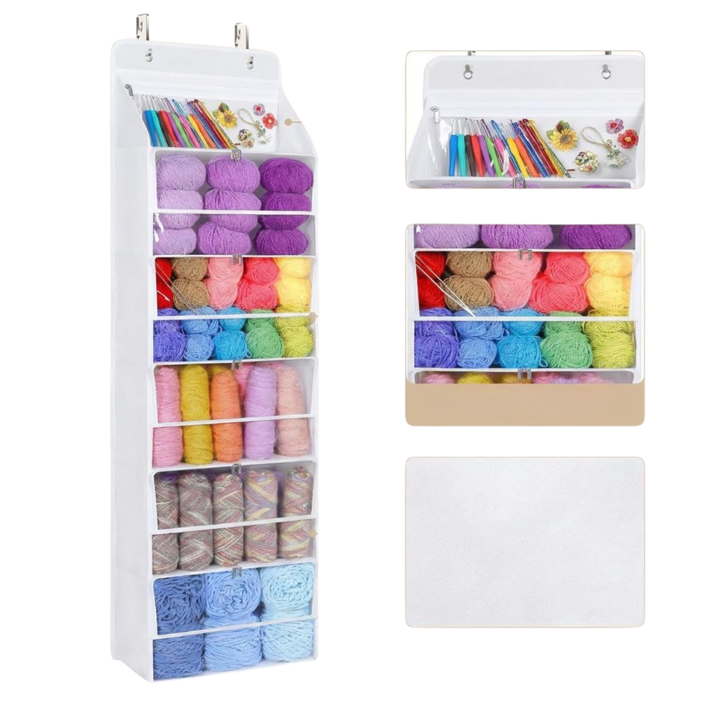 6-Tier Hanging Yarn Storage Organizer with Zippered Compartments and Mesh Pockets