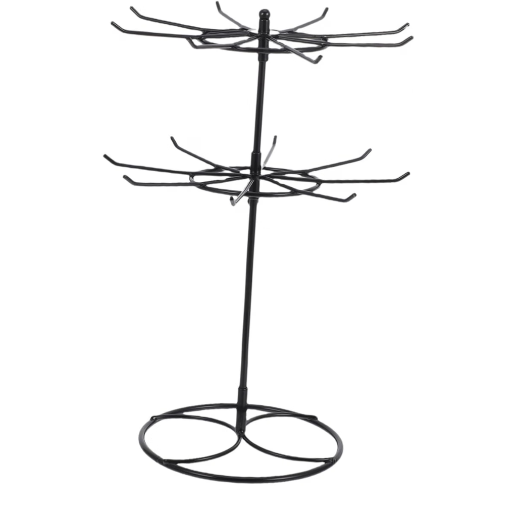 Rotating 2 Tier Necklace Display Stand with Hooks for Glasses Iron Metal Build, Black Finish, Office Desk or Vanity, Space Saving Design for Key Rings and Clutter Free Setup