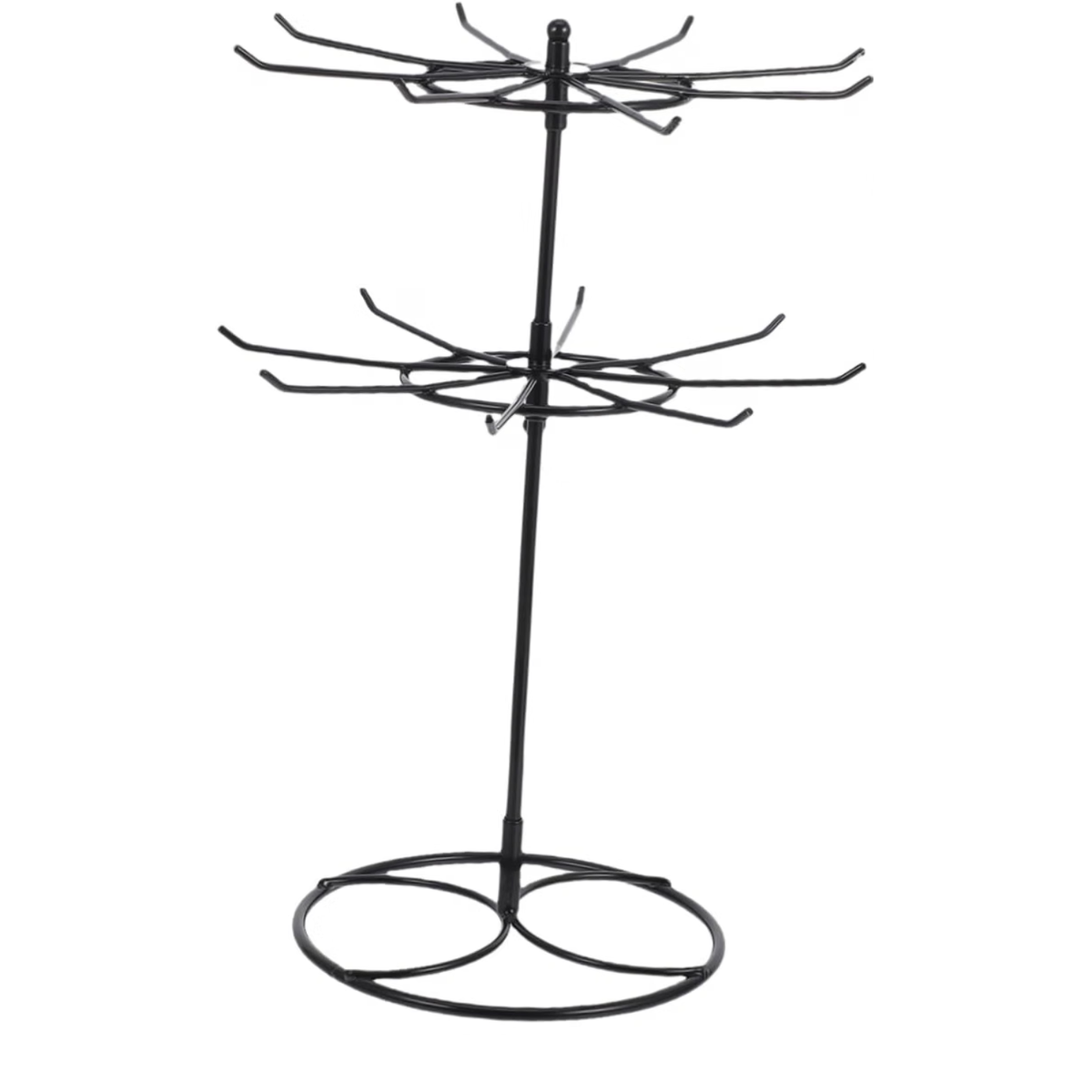 Rotating 2 Tier Necklace Display Stand with Hooks for Glasses Iron Metal Build, Black Finish, Office Desk or Vanity, Space Saving Design for Key Rings and Clutter Free Setup