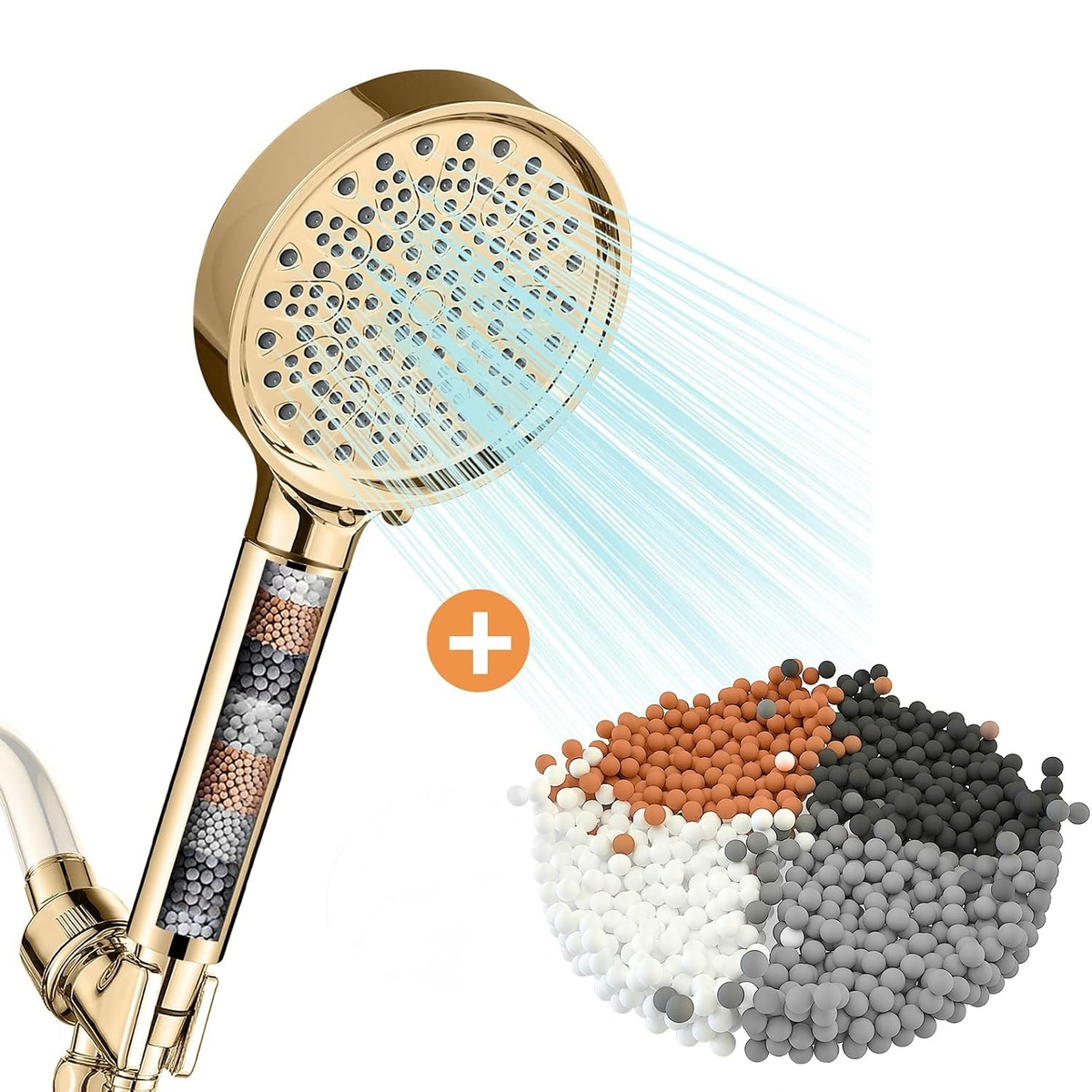High Pressure 6 Spray Mode Showerhead with Filters and Replacement Beads Gold