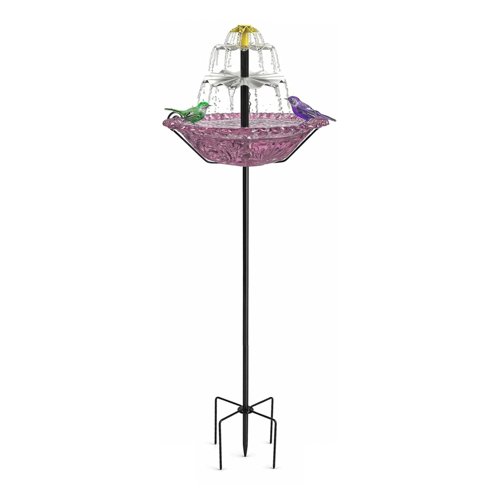 Solar Fountain Bird Bath with Stakes, Cascade Water Feature for Garden & Yard Decor (Purple)