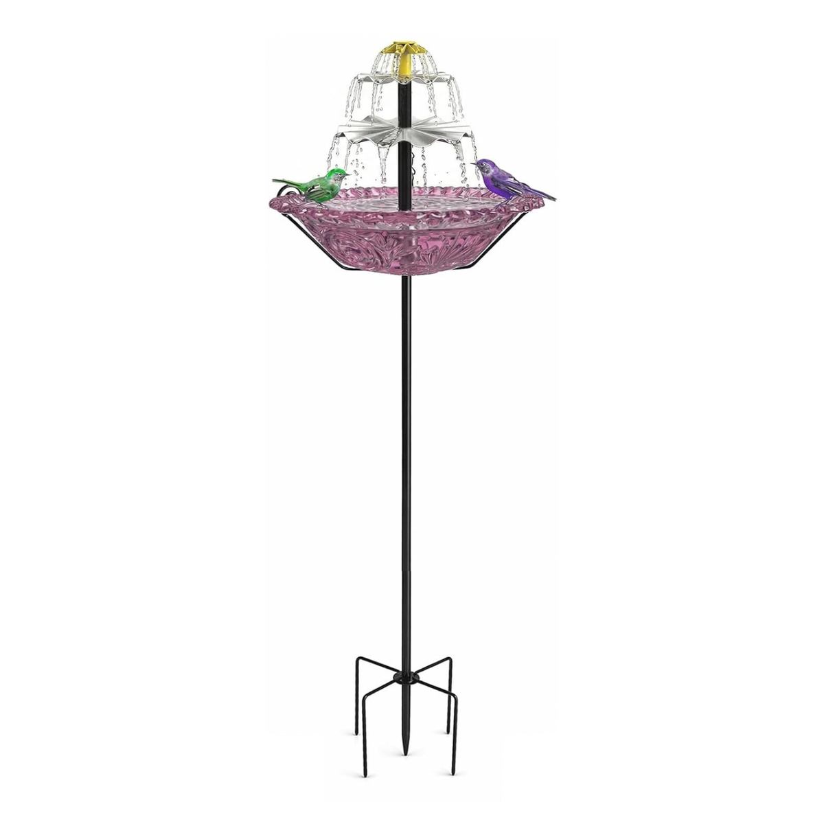 Solar Fountain Bird Bath with Stakes, Cascade Water Feature for Garden & Yard Decor (Purple)