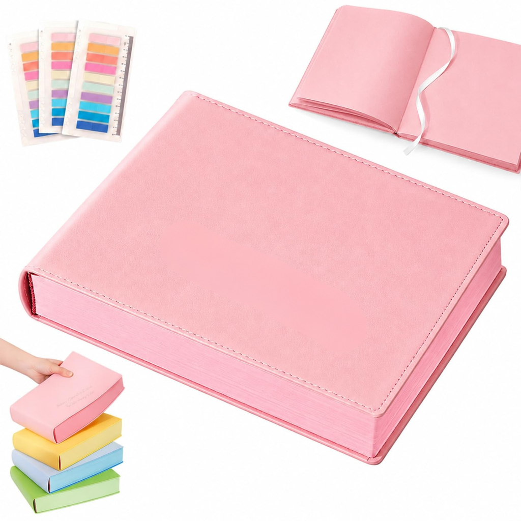 Thickened A5 Hardcover Notebook, 720 Pages, PU Leather Journal with Colored Paper, Pink