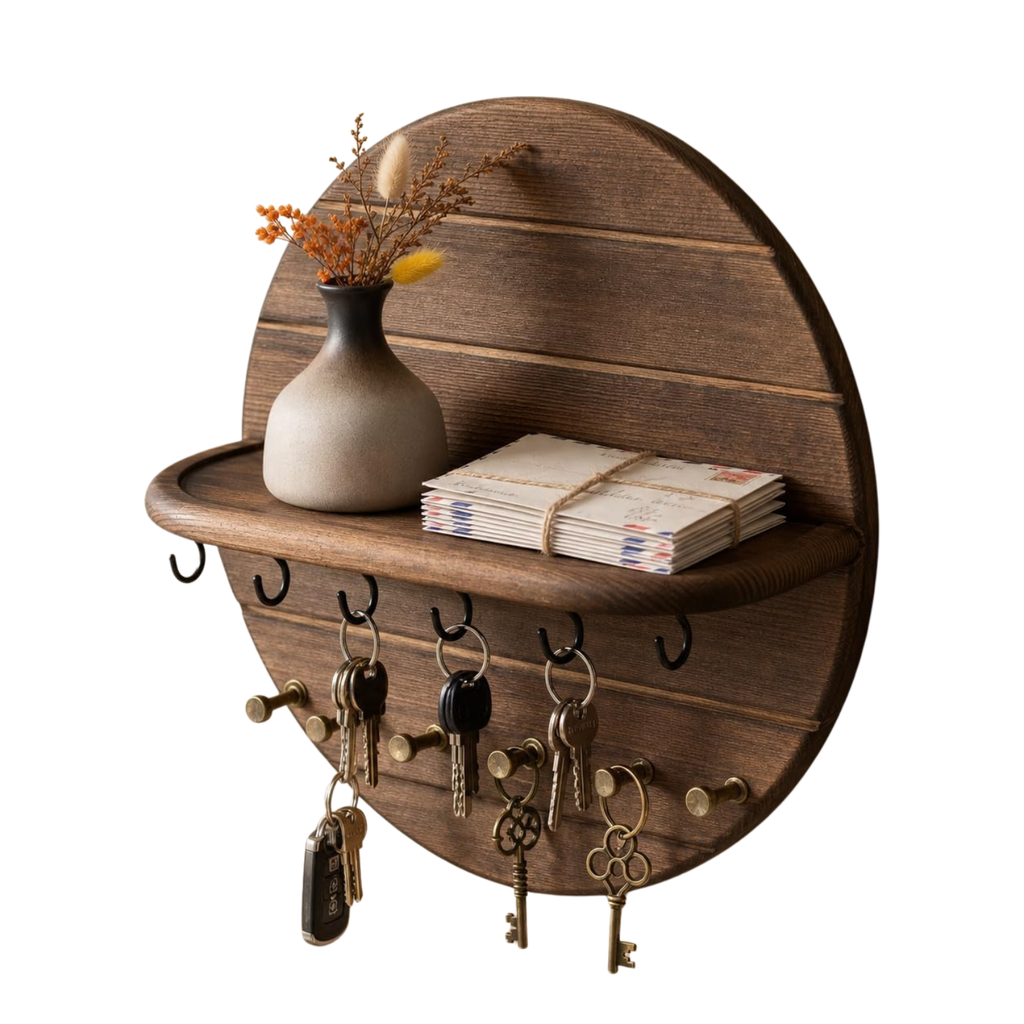 4PCS Key Holder Wall Mount Wood with Shelf and Hooks