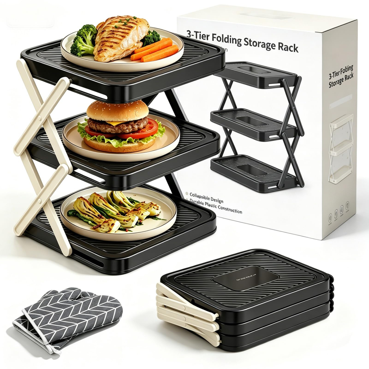 Multi-Layer Foldable Dish Tray Storage Rack, 3-Tier Vertical Plate Organizer for Kitchen