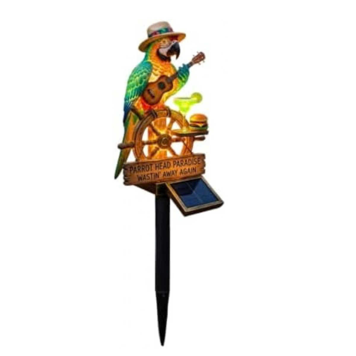 Resin Solar Parrot Garden Light Ground Stake, Waterproof Outdoor Solar Stake Light Tropical Yard Decor for Patio, Lawn, Pathway Flower Bed, Unique Gift for Gardeners (Ukulele & Cocktail)