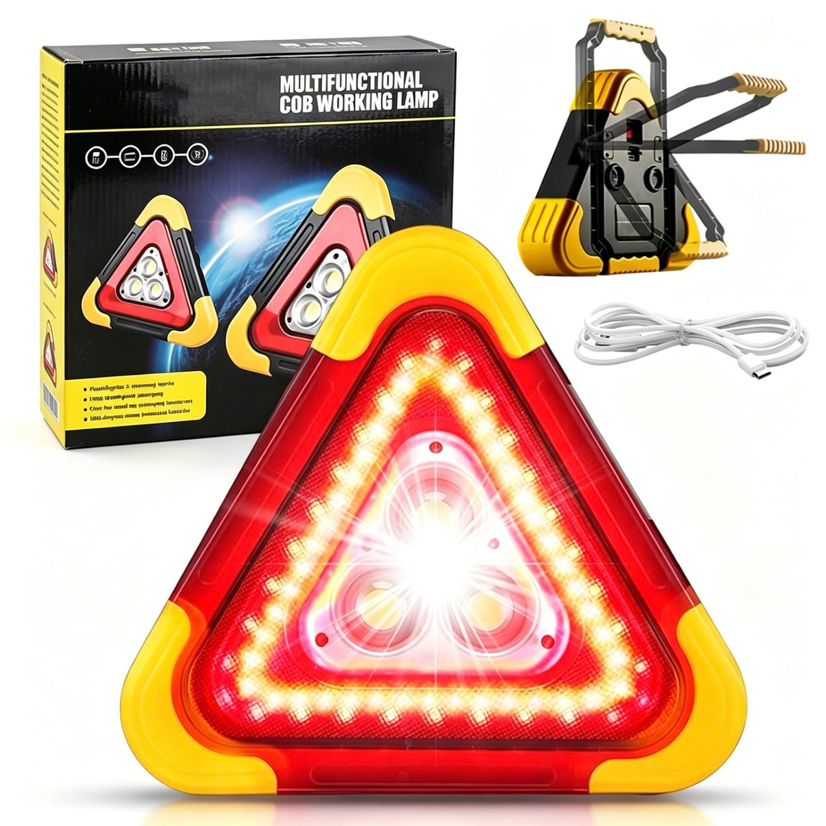 LED Emergency Triangle Warning Light, USB Rechargeable Solar Road Safety Triangle for Car Truck RV