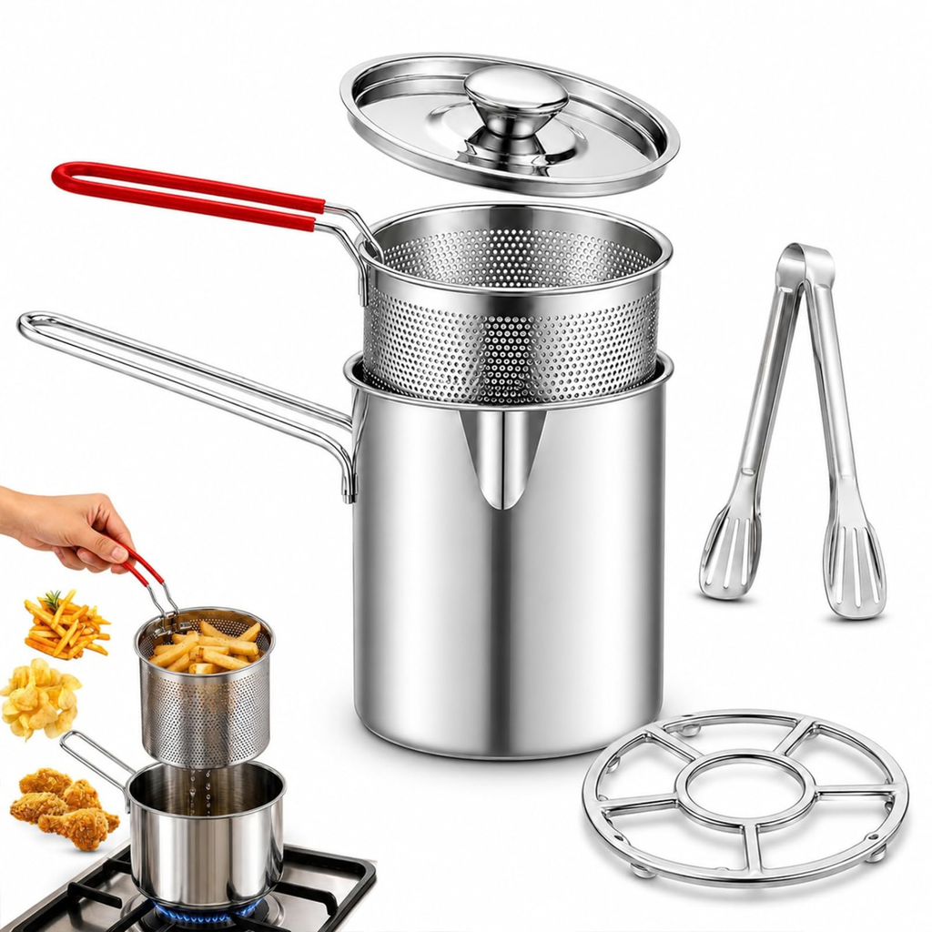 Stainless Steel Pot with Lift-Out Draining Basket & Food Tongs