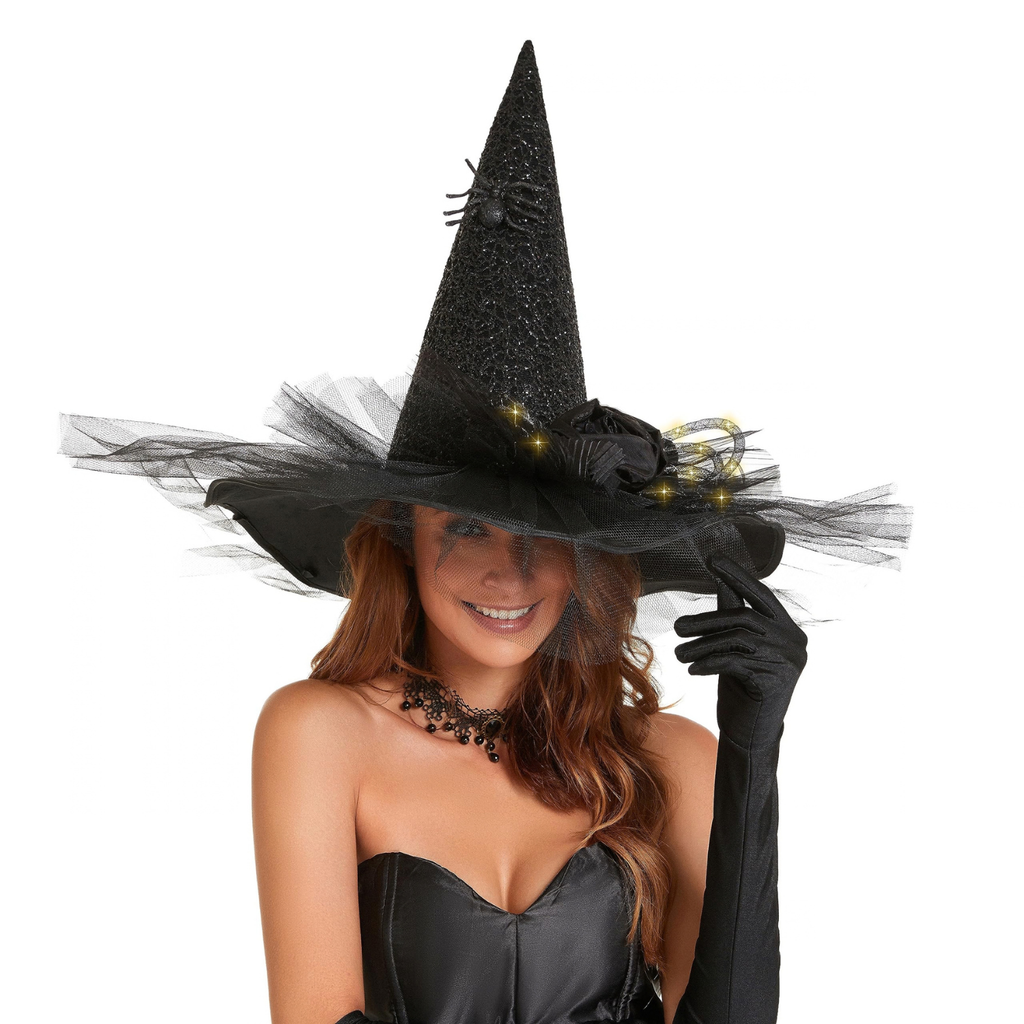 Women's LED Lighted Witch Hat Halloween Costume with Gauze Feathers