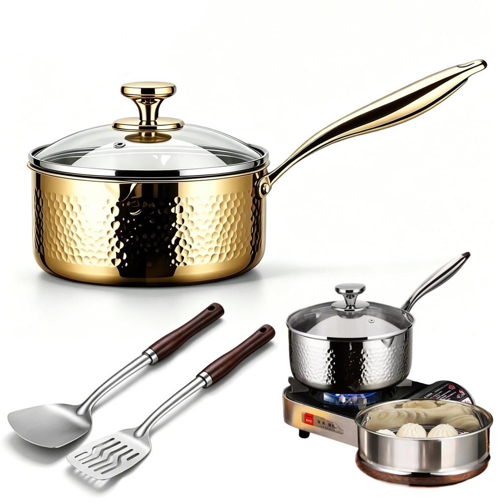 Pure Titanium Saucepan with Lid, Hammered Nonstick Pot for All Stovetops, Gold