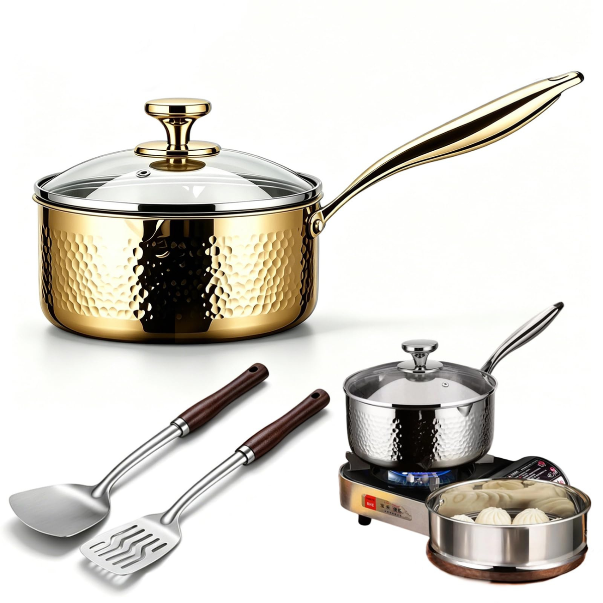 Pure Titanium Saucepan with Lid, Hammered Nonstick Pot for All Stovetops, Gold