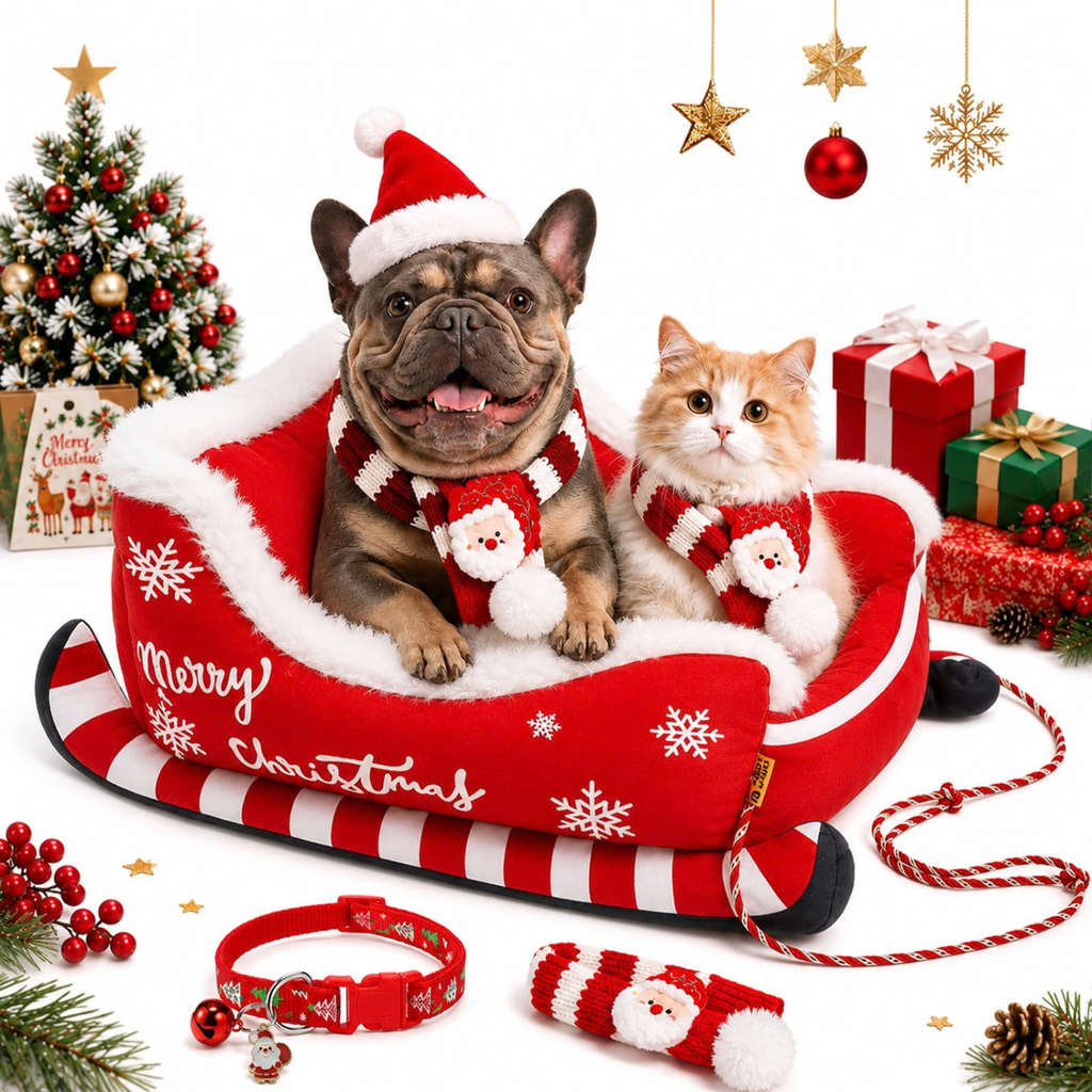 Christmas Dog Sleigh Bed, Santa Sleigh Plush Pet Sofa for Dogs & Cats