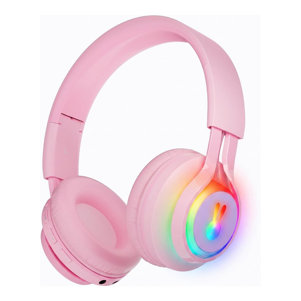 LED Bunny Kids Bluetooth Headphones, Over Ear Wired & Wireless Headset Pink