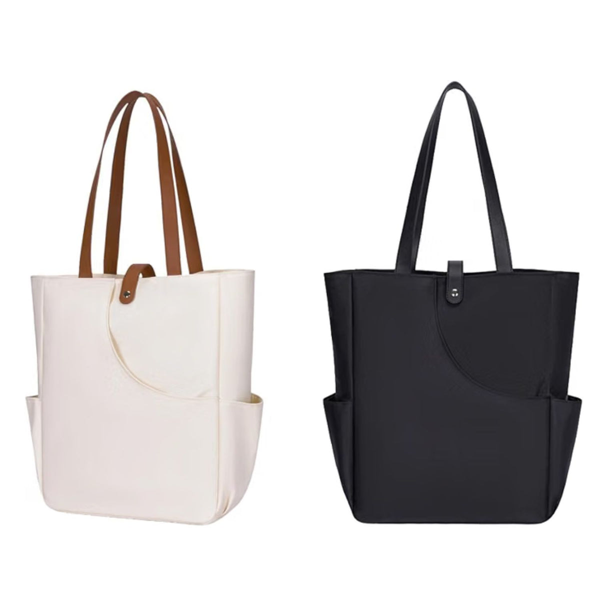2 Pcs Tote Bags for Women, Black & White Large Capacity Shopping & Work Totes with External Pockets