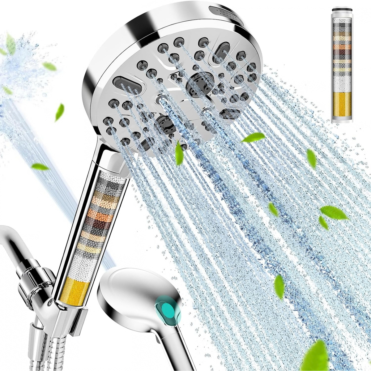Filtered Handheld Shower Head with 9 Spray Modes and 16-Stage Water Softener