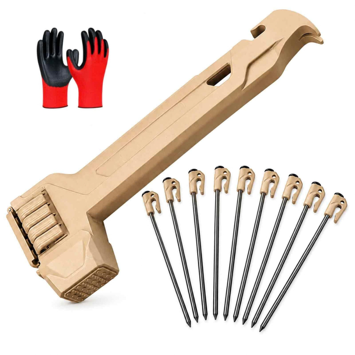 Tent Stake Hammer with 8 Steel Stakes, Peg Puller, Bottle Opener, Storage Handle