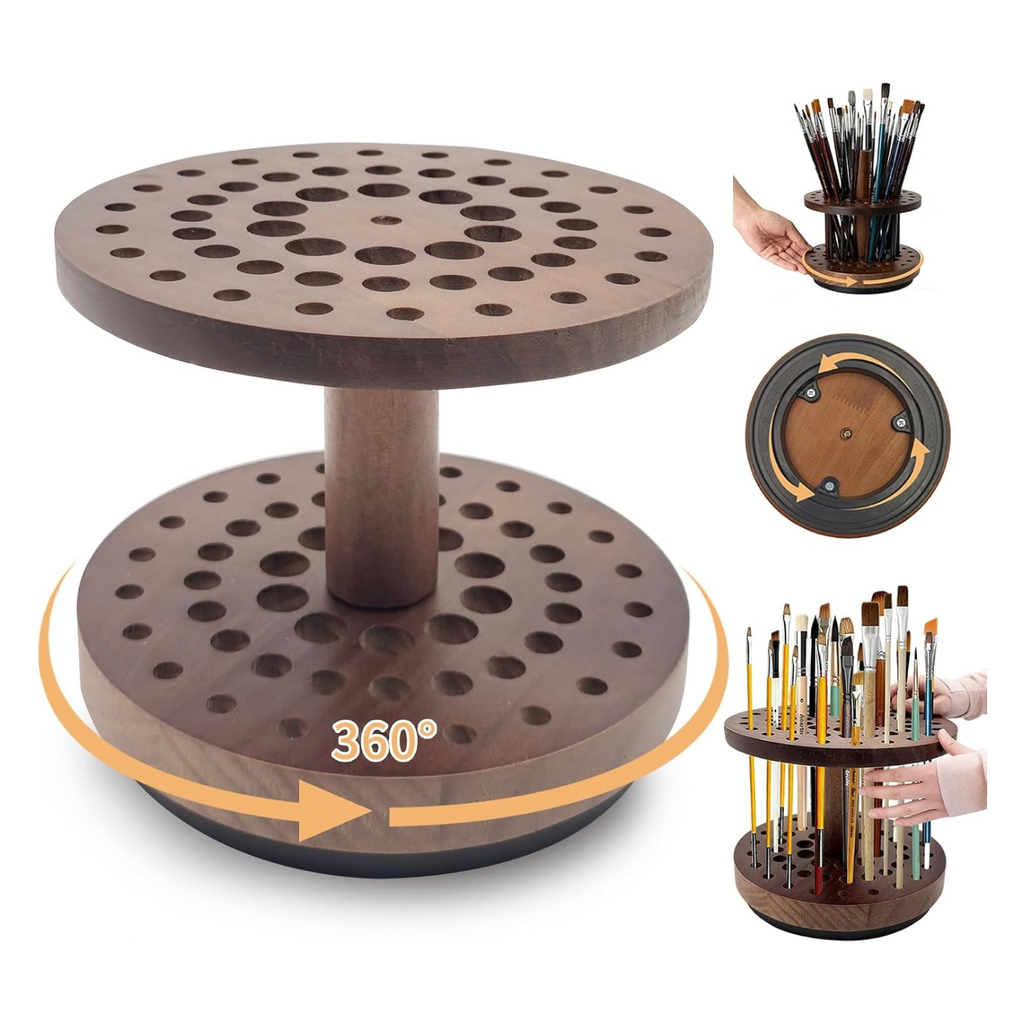 360° Rotating Hardwood Paint Brush Holder, Artist Desktop Storage Organizer