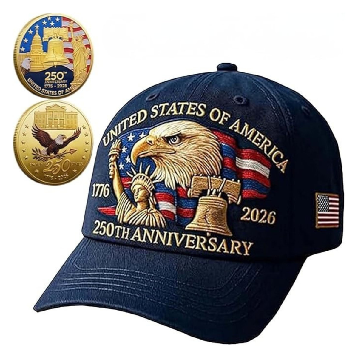 United States 250th Anniversary Hat with Bald Eagle & Liberty Embroidery
