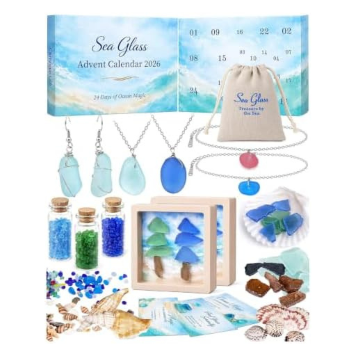 2026 Sea Glass Gnome Christmas Advent Calendar, 24 PCs 2D Flat Acrylic Gnome Christmas Tree Ornaments, Coastal Ocean Themed 24 Day Holiday Countdown Calendar, Beach Decor Gifts (Ocean Magic)