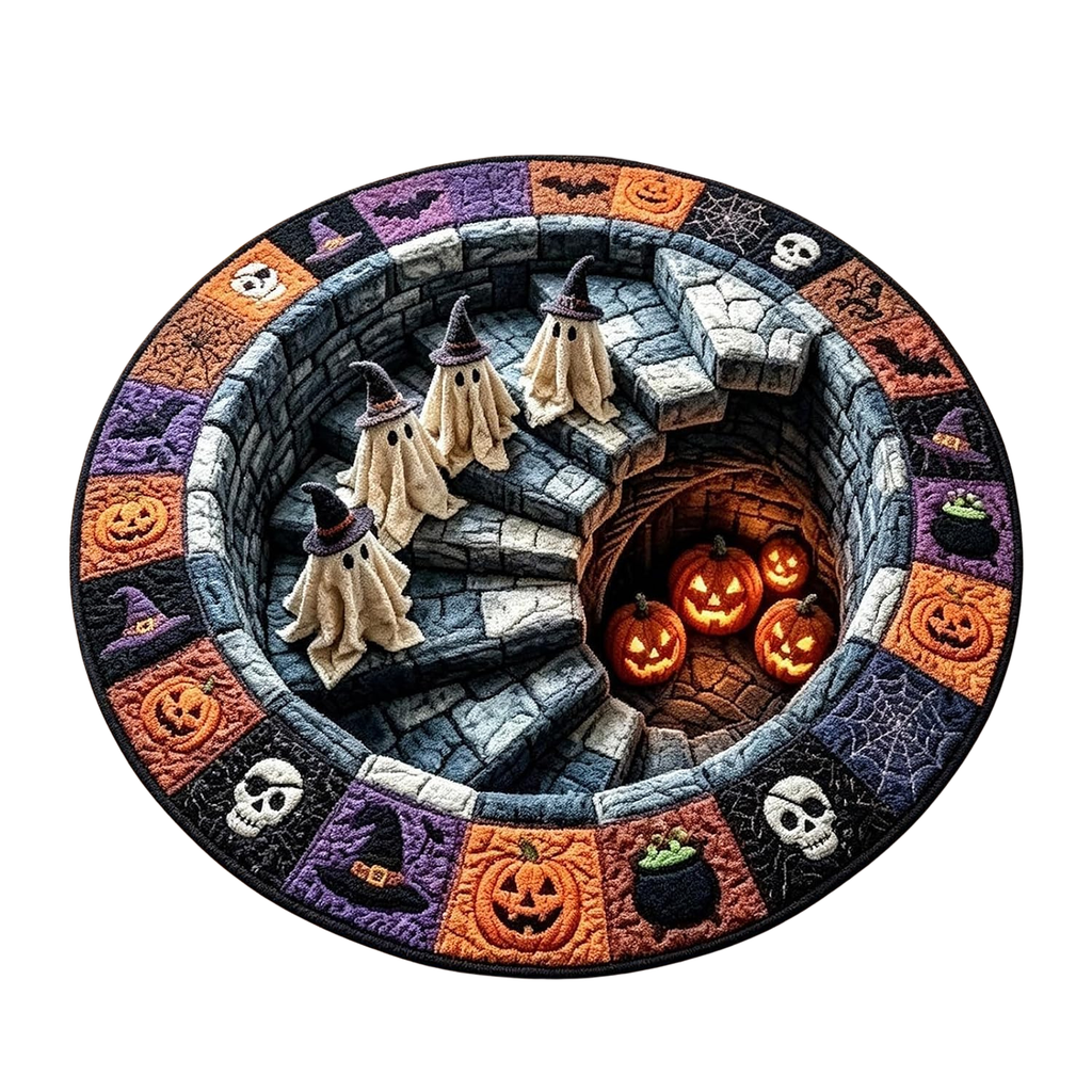 3D Haunted Staircase Round Rug – Spooky Halloween Optical Illusion，B-120cm