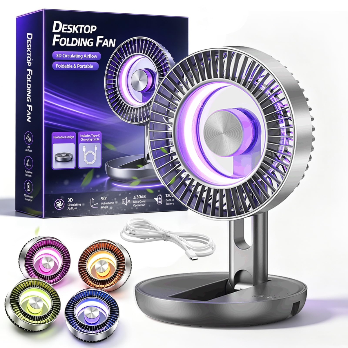 Portable Foldable Table Fan, USB Rechargeable, Quiet Adjustable Standing Fan with LED Light