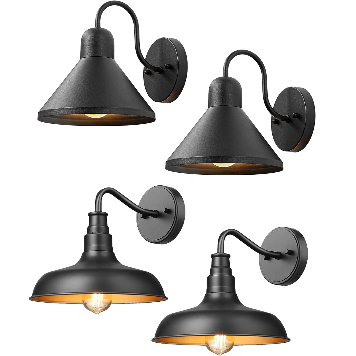 4-Pack Outdoor Gooseneck Barn Lights, Black Farmhouse Wall Sconces for Porch, Garage & Entryway