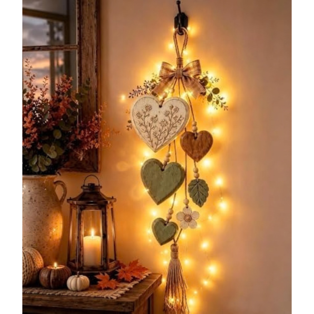 22.83'' Wooden Hanging Hearts Wall Decor, 5 Layer Hanging Heart Ornament with Jute Rope, Farmhouse Love Wall Art for Living Room Bedroom Entryway Wedding (Rustic Light)