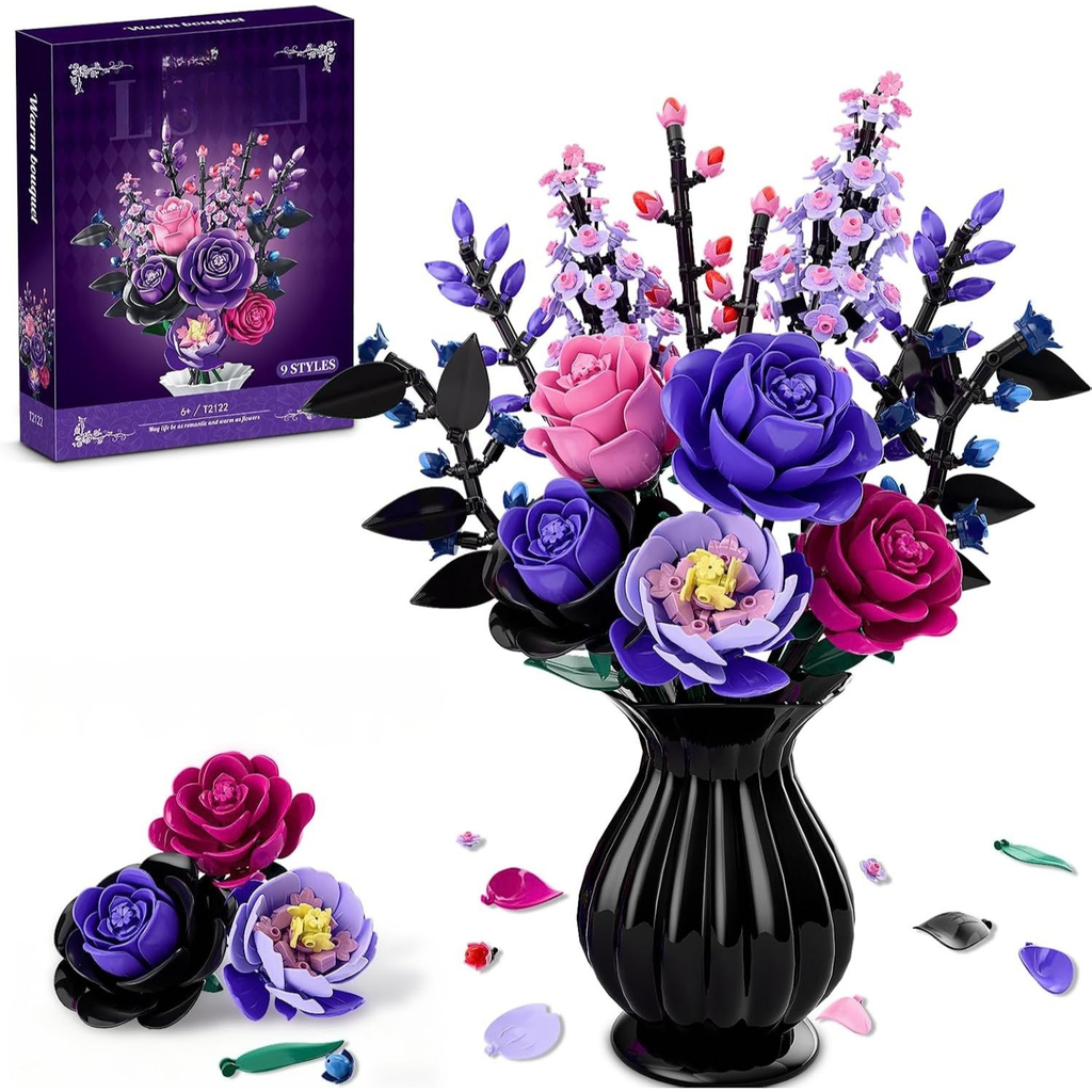 Flowers Bouquet Building Set, Purple Roses Botanical Building Blocks, Gothic Home Decor Gift