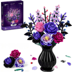 Flowers Bouquet Building Set, Purple Roses Botanical Building Blocks, Gothic Home Decor Gift