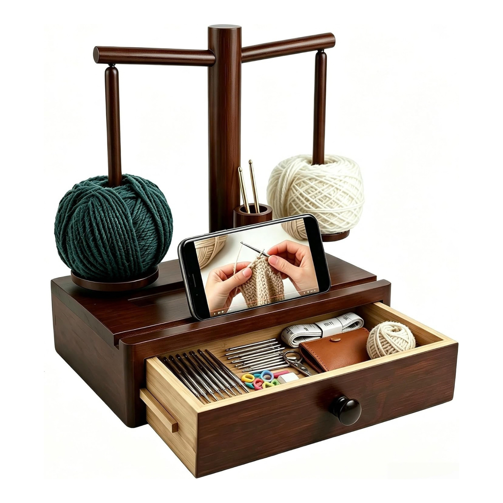 Wooden Yarn Holder with Magnetic Rotating Spinner, 2 Spindles & Storage Box