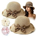 Elegant Woven Straw Sun Hat with Bow, Women Foldable Wide Brim