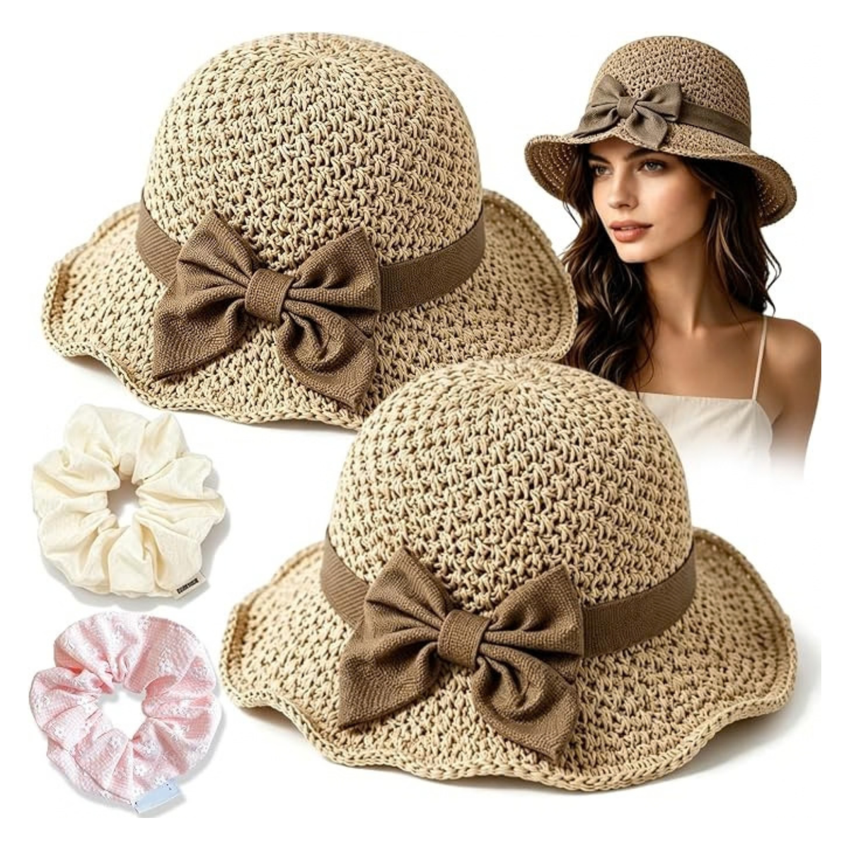 Elegant Woven Straw Sun Hat with Bow, Women Foldable Wide Brim