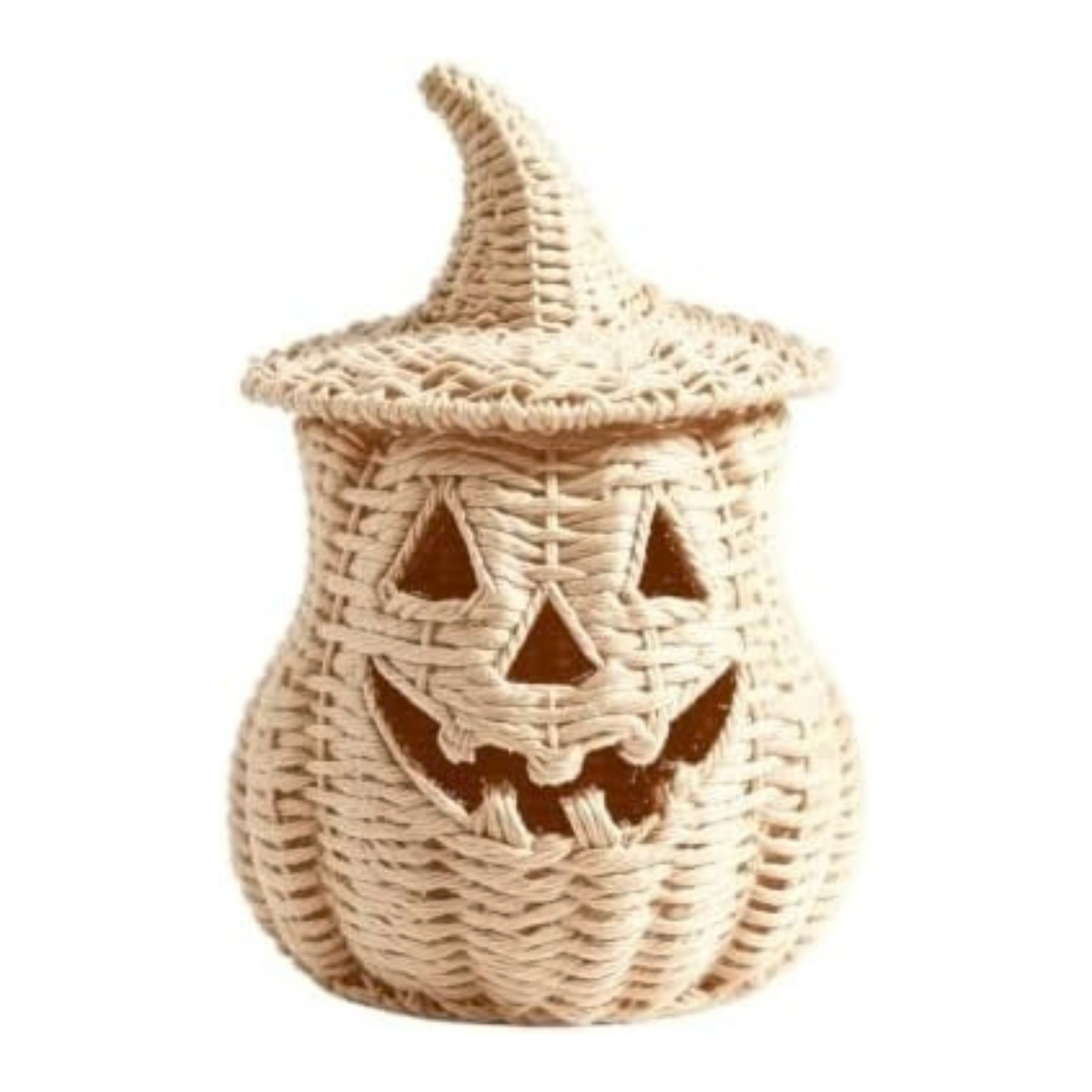 11'' Wicker Pumpkin Lantern Halloween Decor, Handwoven Rattan Halloween Candy Basket Jack O Lantern Candle Holder, Rustic Witch Hat Pumpkin Decoration for Tabletop Porch Mantel (Single-Beige)