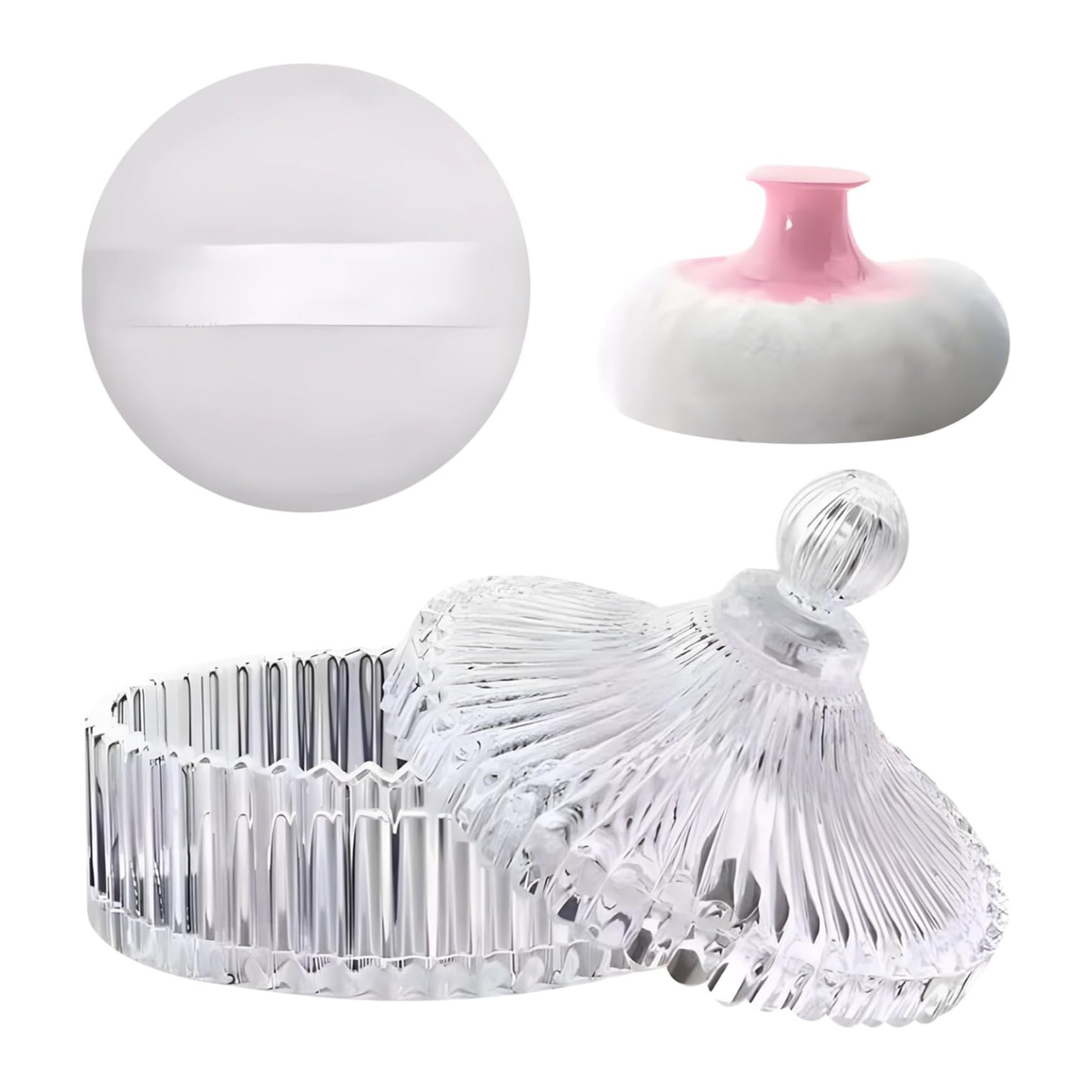 Transparent Striped Glass Fiber Body Powder Puff and Container Set with Large Capacity